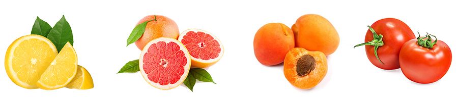 Lemon, apricot, tomato and grapefruit